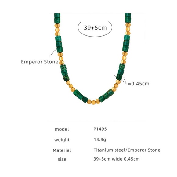 18K Gold Plated Beaded Necklace*Handmade Gemstone*Metallic Design*Green Jasper - Picture 6 of 6